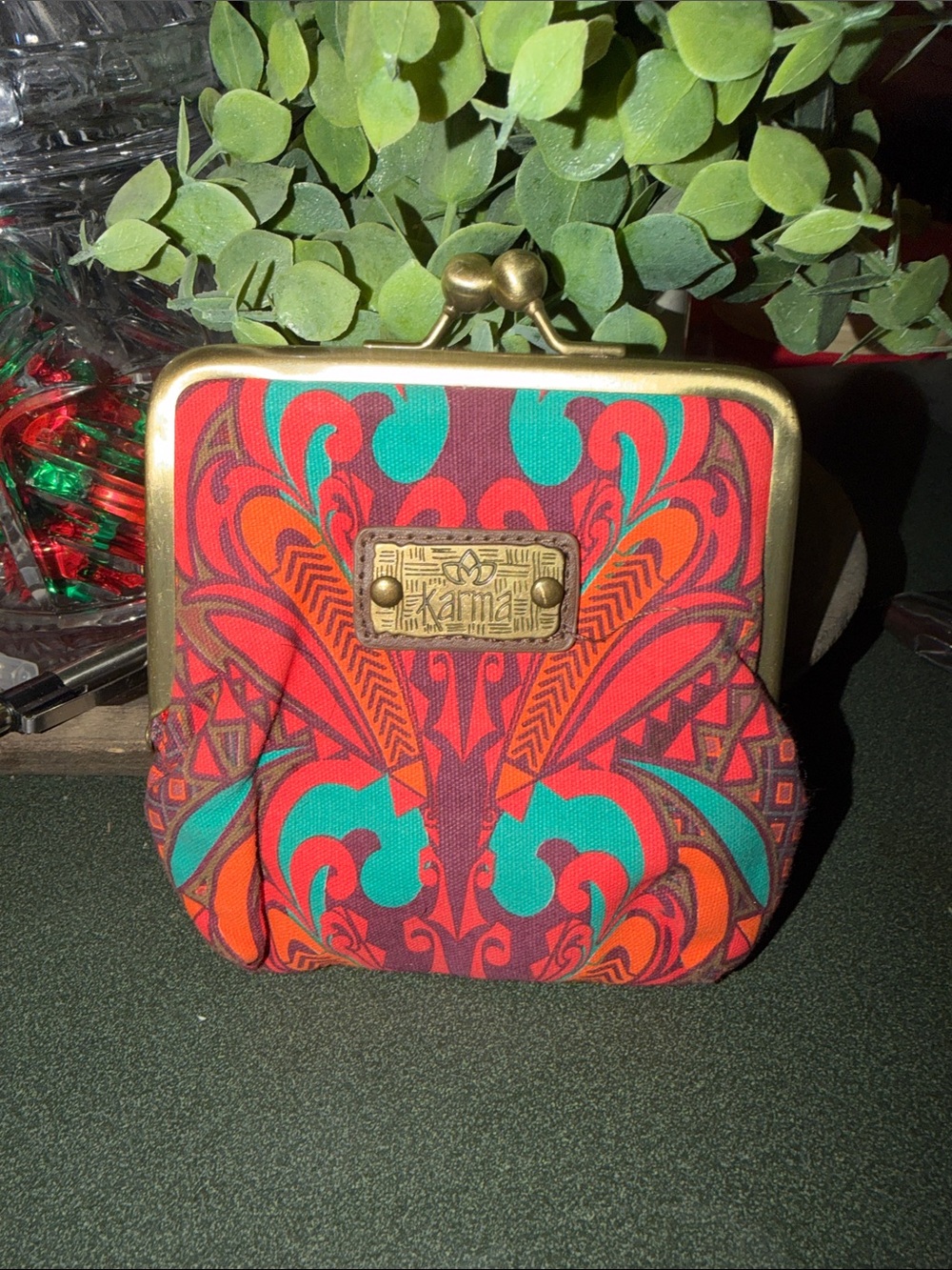 Karma Retro Floral Kiss-Lock Coin Purse - Teal, Red & Orange